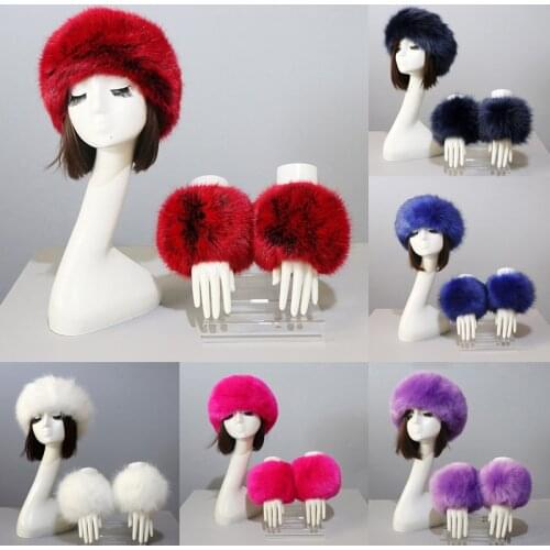 One Set Women Faux Fox Fur Cuffs + Headband Winter Warmer Hat Arm Wrist Sleeve Gloves Female Faux Fur Cap+Elastic Wristband