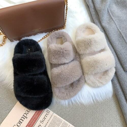 Double Band fur slippers women winter fluffy shoes woman sandalias lazy flat warm fleeces slides femme comfy fur pantufa 2021