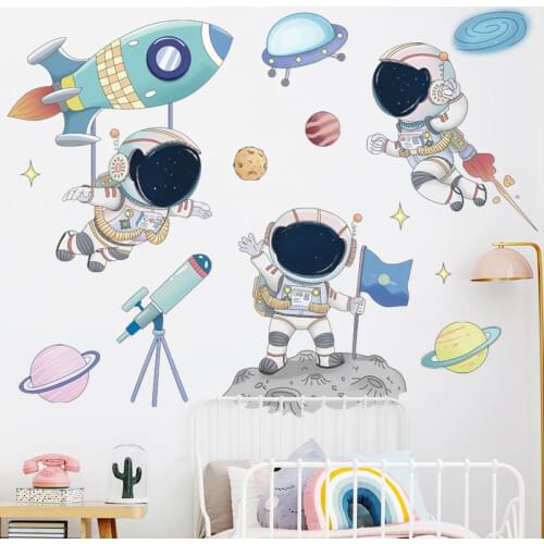 Cartoon Astronaut Space Planets Wall Stickers for Baby Nursery Room Decoration Wall Decals for Kids Room Living Room Decor PVC