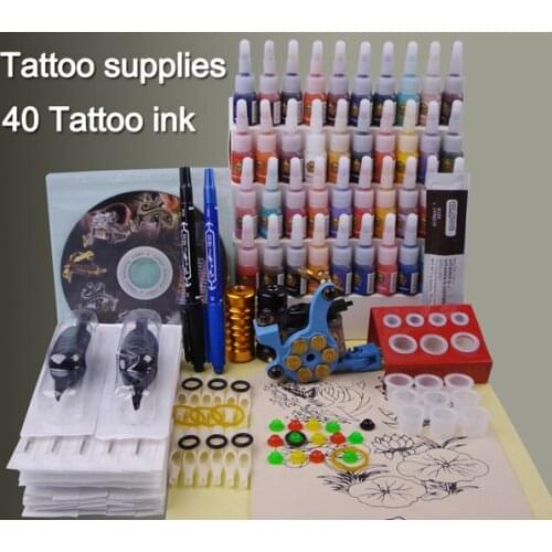 Tattoo Machine Kit Complete 40 Colors Ink Needles Led Power Supply Grip Practice Skin Permanent Makeup Kit Starter