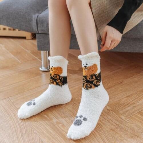 Womens cozy warm breathable coral wool cartoon printed socks female snow socks thicken Autumn /Winter warm socks floor socks