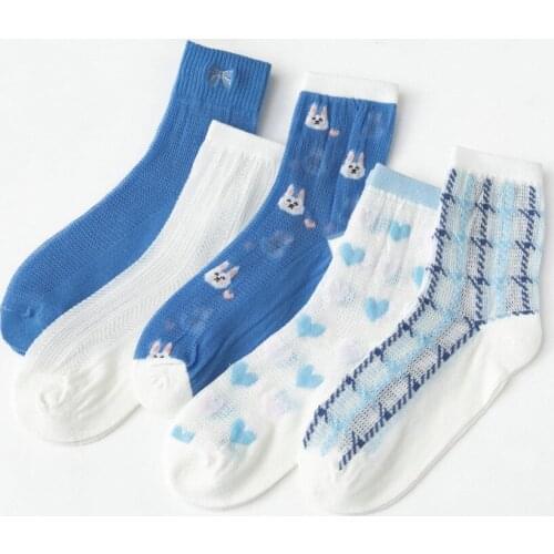 Woman Socks Summer Thin Lace Breathable Crew Socks for Girls Sweet Harajuku Cartoon Animal Print Japanese Kawaii Cute Long Socks