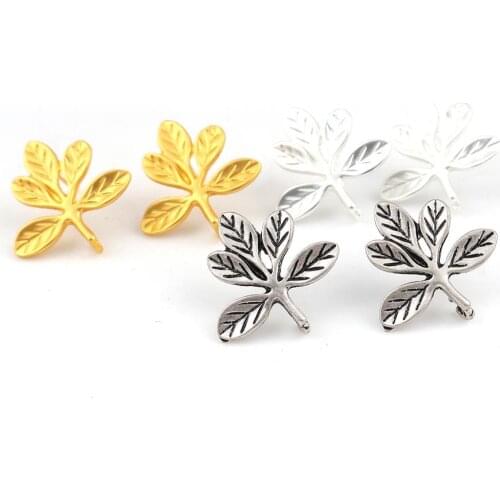 DoreenBeads Zinc Based Alloy Ear Post Stud Earrings Findings Leaf Silver Color Gold Jewelry DIY Charms 24mm x 24mm, 4 PCs