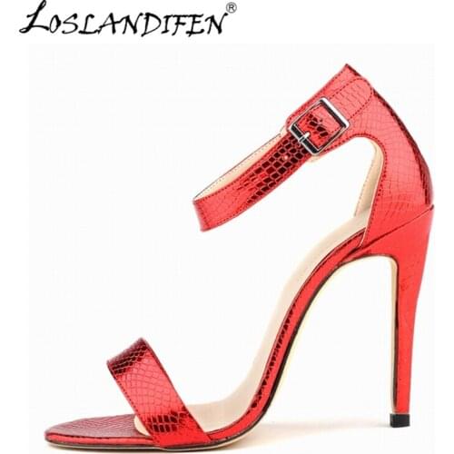 LOSLANDIFEN Fashion Summer Women Pumps Thin High Heels Shoes For Woman Open Toe Sexy Crocodile Printing Wedding 102-3XEY