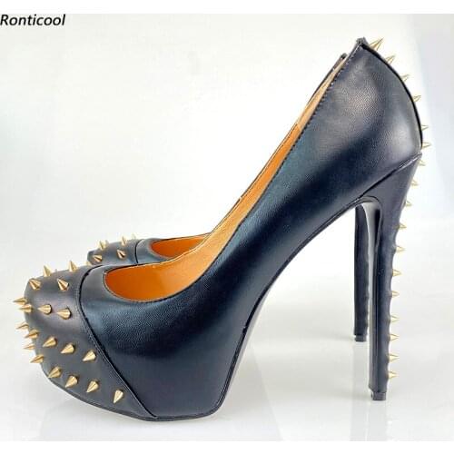 Ronticool Handmade Women Platform Pumps Sexy Studs Stiletto High Heels Round Toe Black Cosplay Heels Shoes US Plus Size 5-20