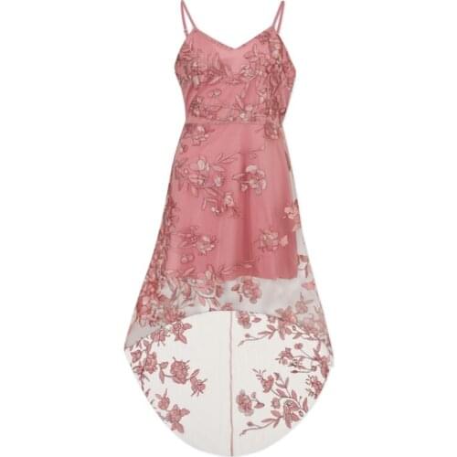 PERHAPS U Strap Sleeveless V Neck Backless Pink Embroidery Mini Dress Asymmetrical Floral Flower Sexy D0600