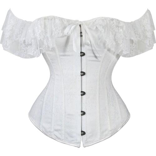 Sexy Womens Lace up Corset Top Goth Black Sexy Bustier Corsets White Lace Wedding Clothing Korset Off Shoulder Corset Top S-2XL