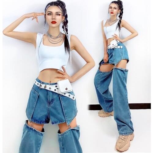 New Female Pole Dance Clothing White Tops Hollow Jeans Nightclub Gogo Dancer Stage Performance Clothes Girls Group Suit DWY6135