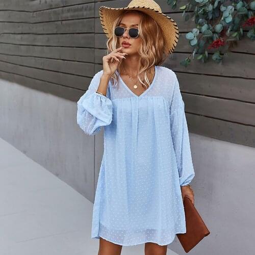 Women Autumn Sexy Dress Dot Chiffon Long Sleeve V-neck Beach Mini Casual Yellow Sundress 2021 Fashion Dresses for Women Vestidos