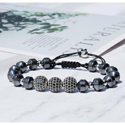 2020 Luxury Copper CZ Beads Ball Men Bracelet Bangle CZ Ball Hematite Macrame Bracelets&Bangles For Men Jewelry