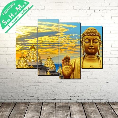 4 Piece Gold Buddha Status Modern Wall Art Canvas Painting Posters and Prints Framed Art Painting Pictures for Home Decoration