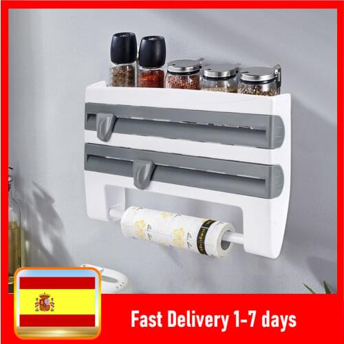 4 In 1 Kitchen Organizer Paper Towel Holder Cling Film Cutting Holder Sauce Bottle Tin Foil Paper Storage Rack Storage Shelf