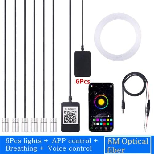 6Pcs Wireless NO Threading Ambient Light Car Atmosphere Light Lamp APP Control 64 Colors DIY Soft Refit Optic Fiber