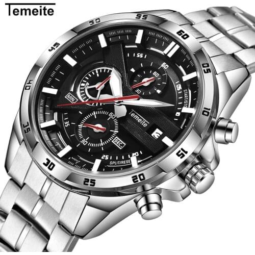TEMEITE Men Silver Stainless Steel Waterproof Quartz WristWatch Brand Casual Men Multifunction Fashion Watch Relogio Masculino