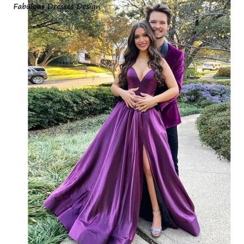 Purple Satin A Line Long Prom Dresses 2021 Sexy Backless V-neck With Slit Evening Party Gowns For Women Spaghetti Strap Vestidos