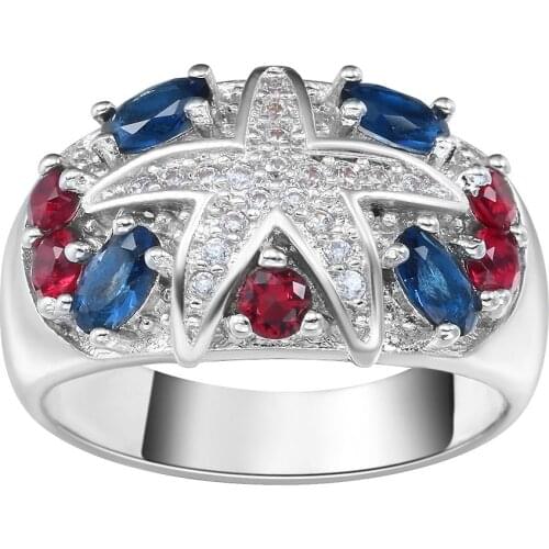 Hainon Fashion Women Large Starfish Finger Rings Design Distribution Colorful Blue Red ZirconWedding Engagement Ring for Women