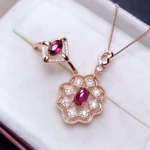 Natural Garnet Luxury Flower S925 Silver Ring Pendant Necklace Set Fine Fashion Jewelry for Women Free Shipping MeibaPJFS