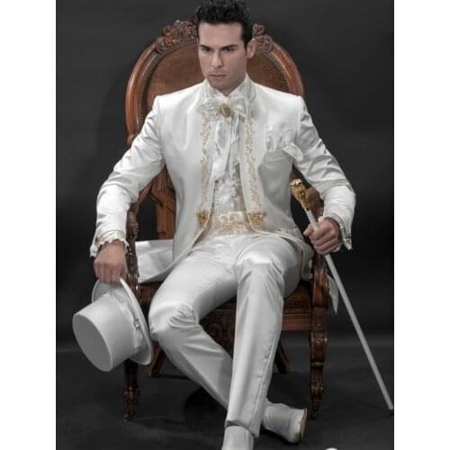 Handsome Groomsmen Embroidery Groom Tuxedos Mens Wedding Dress Man Jacket Blazer Prom Dinner (Jacket+Pants+Tie) A03