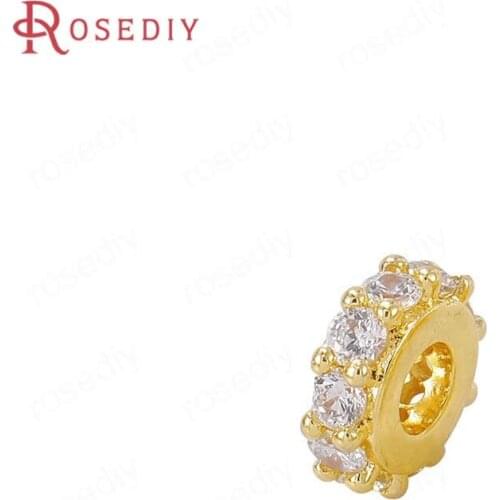 40535)4PCS 24K Gold Color Brass and Zircon Round shape Bracelets Spacer Beads Jewelry Making Supplies Diy Findings Accessories