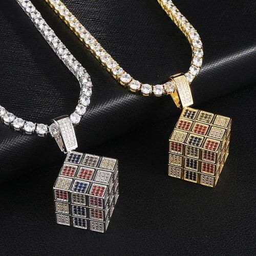 Iced Out Magic Cube Pendant Multicolor Micro Pave Cubic Zircon Necklace for Men Women Gifts Fashion Hip Hop Jewelry