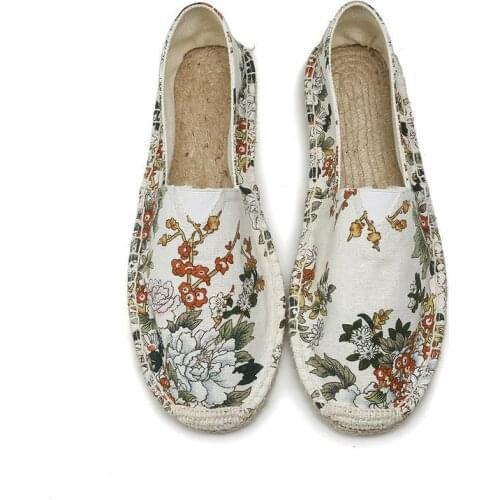Unisex Handmade Loafers Fishman Shoes Porcelain Floral Slip On Linen Espadrilles Casual Comfortable Breathable Mujer Sapatos