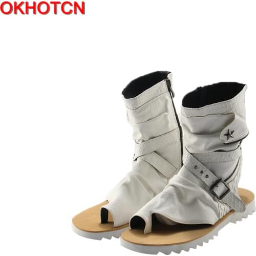 OKHOTCN Leather Summer Punk Style Men Sandals Open Toe Gladiator Boots Black Casual Flat Shoes Ankle Booties Mens Beach Shoes