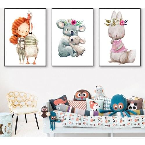 Modern Cartoon Animal Fox Elephant Bear Nordic-Style Childrens Room Decorative Painting Hanging Painting Canvas Wall Art Toy