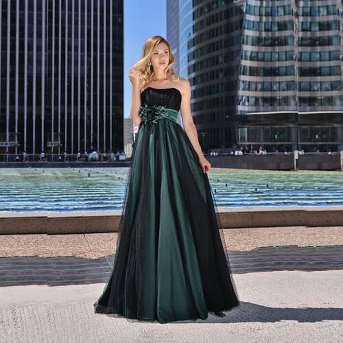 Latest Modern Tow Tones Black Blue Evening Dress Long Strapless Lace Up Back Wedding Guest Dresses Flowers Belt On Sale 2021
