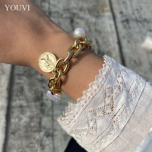 YOUVI Goth Twisted Chains Bracelet for Women Bohemia Pearl Portrait Coin Tassel Lovers Men Bangels Bracelet Jewelry 2021 Fashion