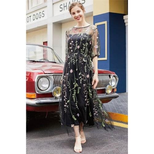 New Elegant Embroidery Party Dresses Floral Bohemian Flower Embroidered Vintage Boho Chiffon Lace Mesh Dresses For Women Evening