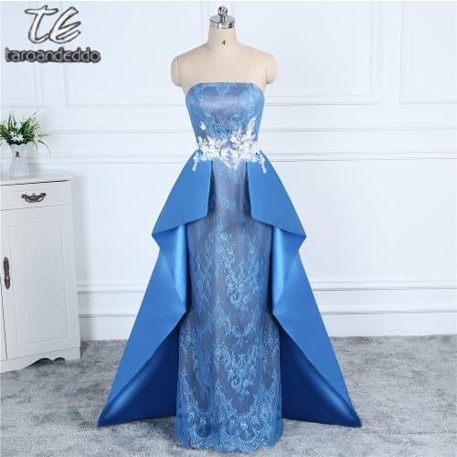 Strapless White 3D Flowers Applique with Diamond Blue Prom Dress Attached Skirt Elegant Evening Dress Real Pictures