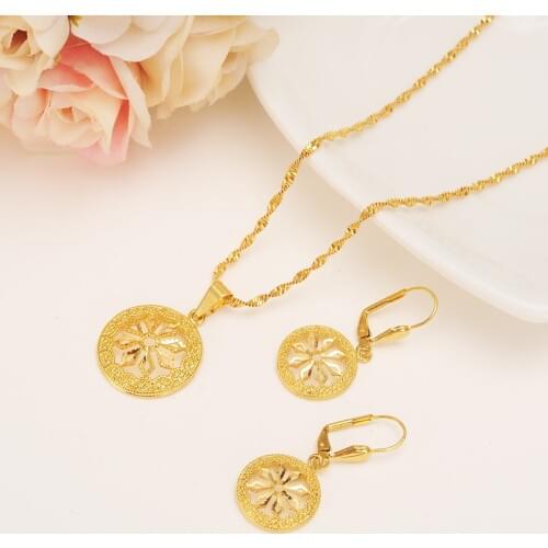 Gold dubai flower hollow Jewelry Sets stud Earrings Pendant necklace chain African bridal Women Party African wedding gifts