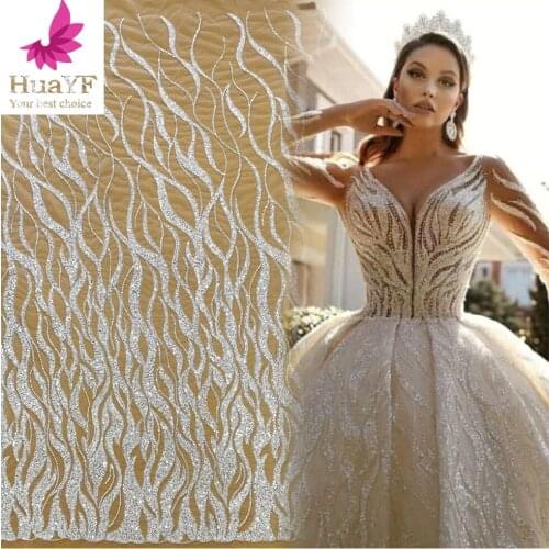 2021 High Quality White Full Beads Heavy Embroidery Party Dress Bridal Gown Dress Lace Fabric HY1613-4