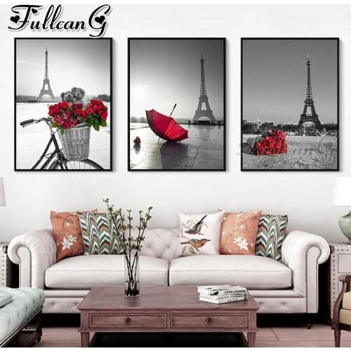 FULLCANG 5d diy diamond embroidery sale rose umbrella bicycle tower scenery painting triptych full square round drill FC3452