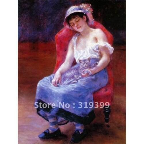 Free DHL Shipping,100% handmade,Oil Painting Reproduction on linen canvas, sleeping girl with a cat by Pierre Auguste Renoir
