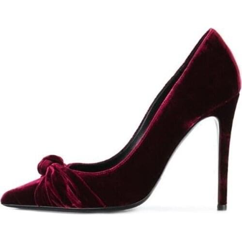 Free Ship Deep Wine Velvet Women Pumps Thin Heels Pointed Toe Butterfly-knot Dress Shoes Thin Heels Slip-on Wedding Shoes
