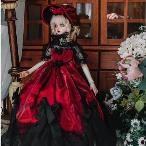 BJD doll dress suitable with 1/3 1/4 1/6 size fashion giant doll red and black with cap retro lolita dress doll accessory