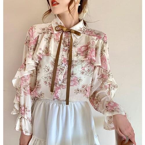 Twicefanx Ruffles Blouses Floral Print Chiffon Shirts Women Cardigan Blusas Mujer 2021 Autumn Puff Long Sleeve Ladies Tops 121B