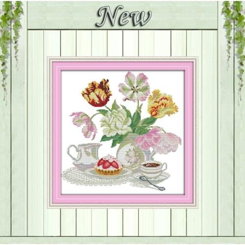 Colored Tulip flowers dessert coffee painting counted print on canvas DMC 14CT 11CT Cross Stitch Needlework Sets Embroidery kits