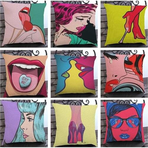 18" POP Art Sexy Woman Lips Beautiful Girl Weep Comic Home Decorative Sofa Throw Pillows Pillowcase Cotton Linen Chair Cushion