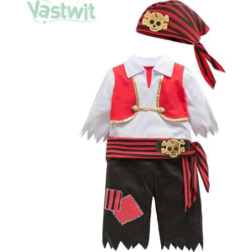Children Pirate Halloween Captain Cosplay Costume Kids Boys Tops Trousers Waistband Head Scarf 4Pcs Christmas Fancy Clothes