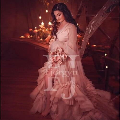 Long Lantern V-Neck Split Tiered Ruffles Maternity Gowns for Photoshoots 2021 New Arrival Woman Tulle Dresses for Baby Shower