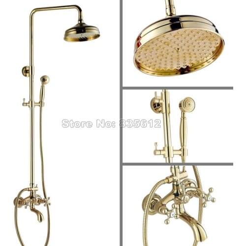 Bathroom 8" Shower Head Rain Shower Faucet Set Dual Cross Handles Gold Color Brass Bathtub Mixer Tap Wall Mounted Wgf441