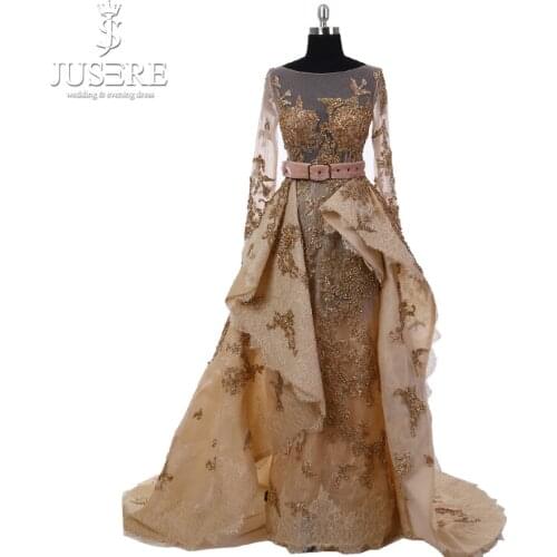 2018 Jusere High Couture A-Line Luxury Gold Beaded Appliqued Luxury Long Sleeve V-Back Evening Dresses Prom Gown W50256
