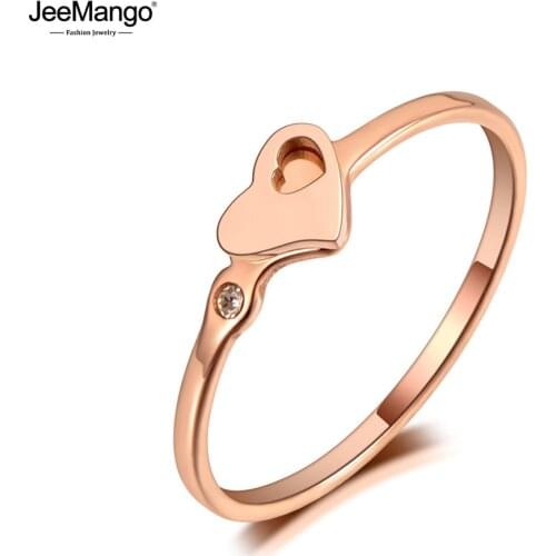 JeeMango New Office Style Titanium Stainless Steel Love Heart Rings New Rhinestone Heart Cocktail Ring For Women Girls JR20021