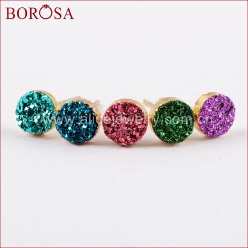 BOROSA Design 6mm Round Gold Color Titanium Mixed Color Electroplated Druzy Stud Earrings Fashion Drusy Earrings Jewelry G1619