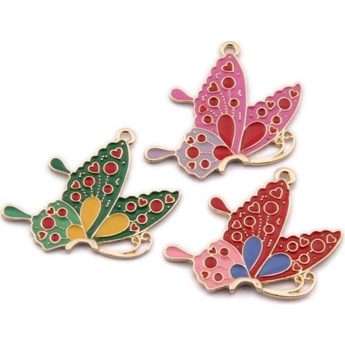 Kawaii Enamel Butterfly Pendant Charms 30pcs Glod Tone Plated Butterfly Oil Drop Zinc Alloy Earring Necklace Charm 40*30mm