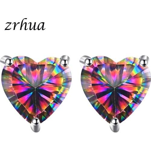 ZRHUA Fashion 925 Sterling Silver Stud Earrings for Women Girls Rainbow Crystal Heart Design Earrings Jewelry Female Brincos