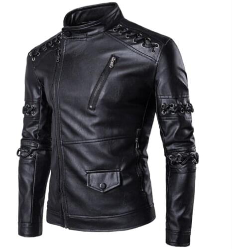 Mens Bandage Zipper Slim Short Jacket Biker Motorcycle Leather Waterproof Coat