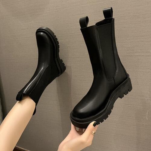 2021 New Increased Martn Boots Womens Autumn and Winter Plus Velvet British Style Thick-soled Chelsea Short Boots